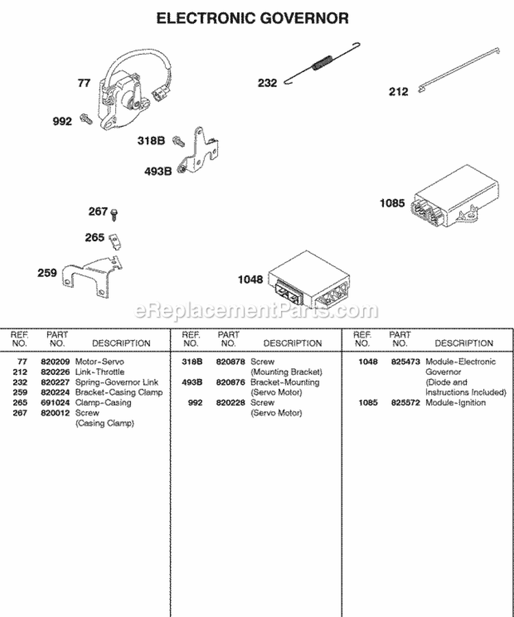 Servo Modules Spring Link Diagram and Parts List for 587447-0205-E2  Briggs and Stratton Engine
